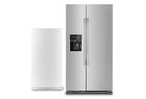 An Amana® Upright Freezer and Side-by-Side Refrigerator