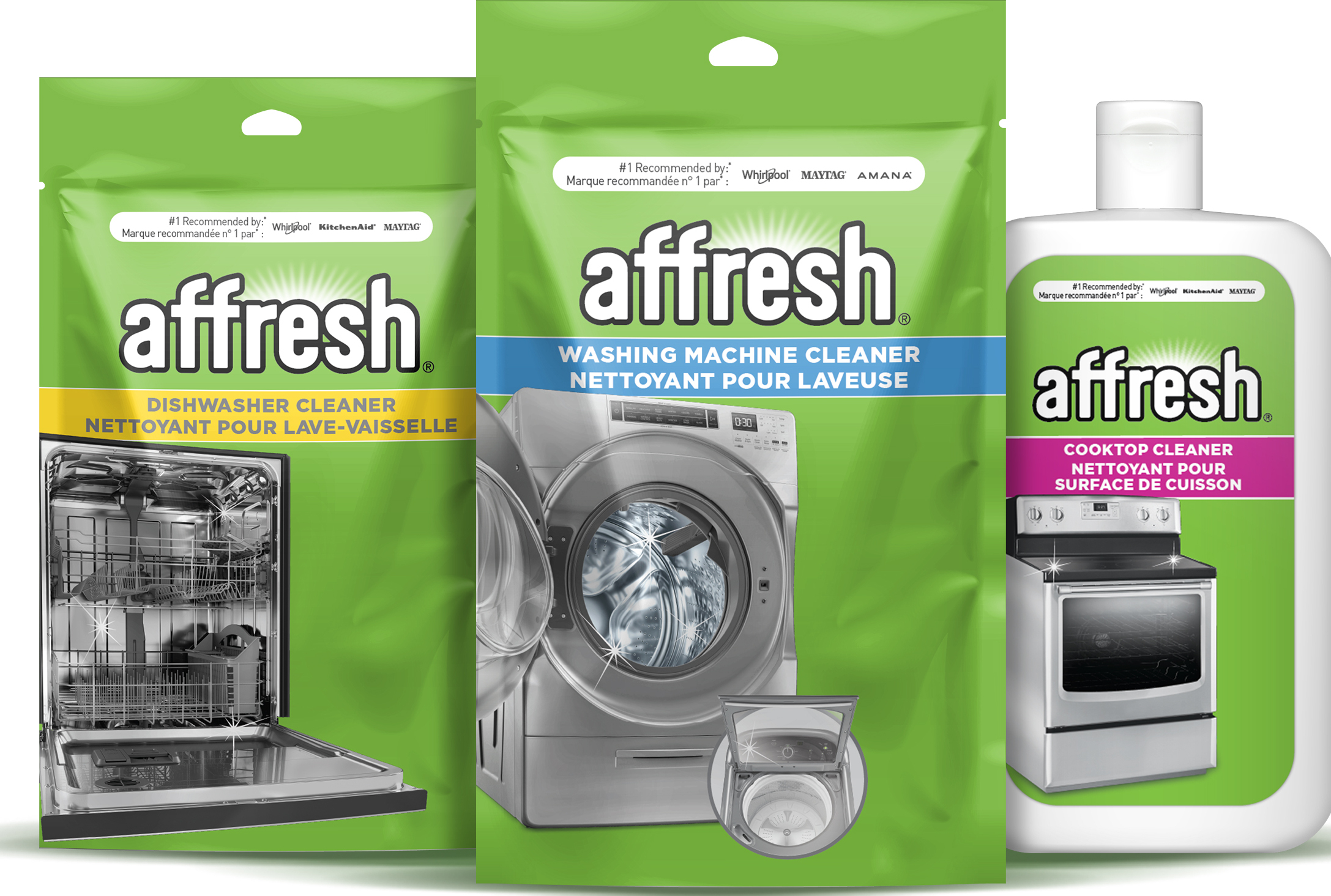 Three packages of affresh products: affresh Washing Machine Cleaner, affresh Dishwasher Cleaner and a bottle of affresh Cooktop Cleaner