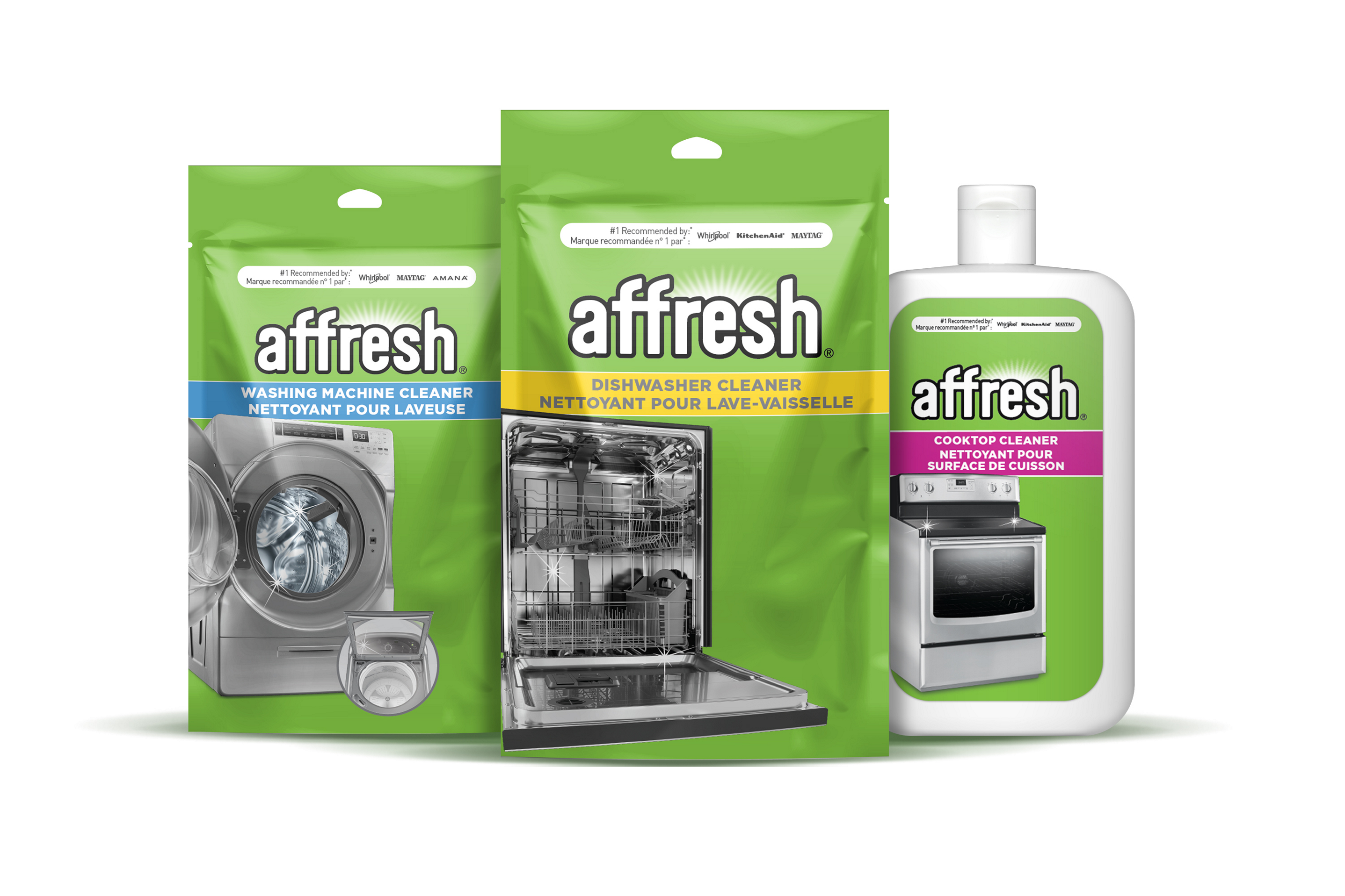 Three packages of affresh products: affresh Washing Machine Cleaner, affresh Dishwasher Cleaner and a bottle of affresh Cooktop Cleaner