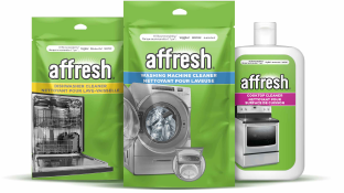 Three affresh products: affresh Dishwasher Cleaner, affresh Washing Machine cleaner and a bottle of affresh Cooktop Cleaner.