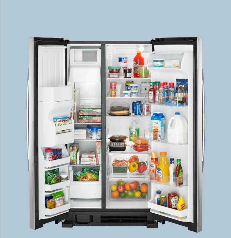 An fully-stocked Amana® refrigerator.