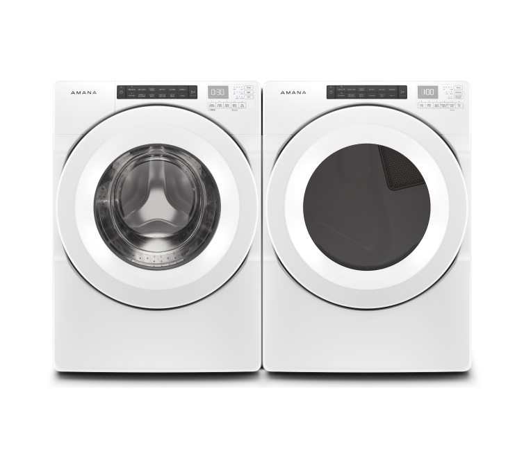 A white Amana® front load washer and dryer