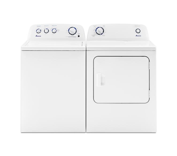 A white Amana® top load washer and dryer