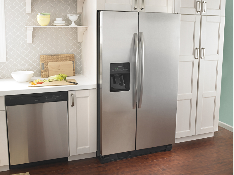 Stainless steel Amana® refrigerator and dishwasher