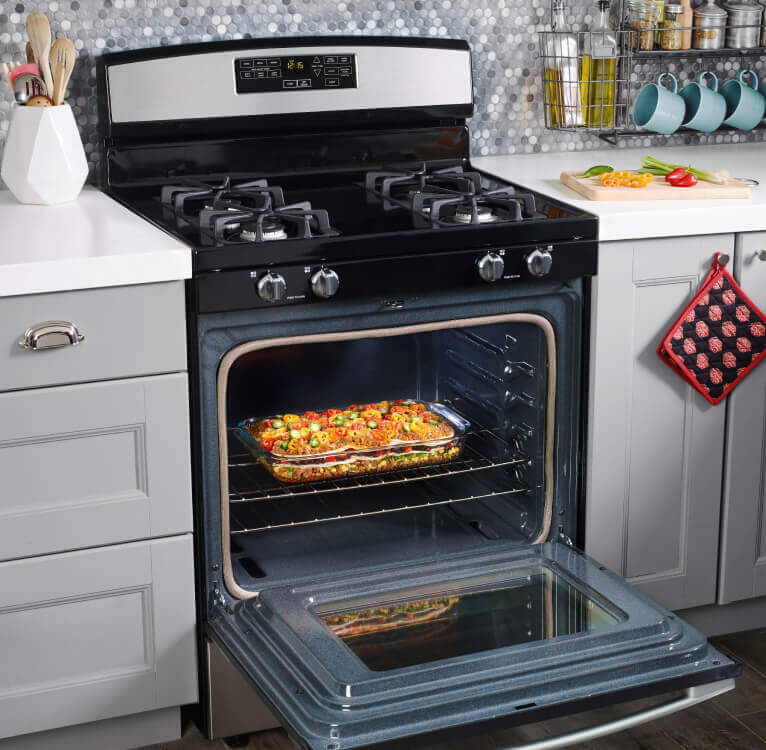 Amana® range oven with door open