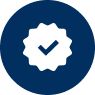 A blue checkmark on a white background shaped like a gear in a blue circle