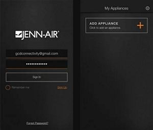 Login page for a JennAir website. An email address is in the upper field and a password is in the lower field.