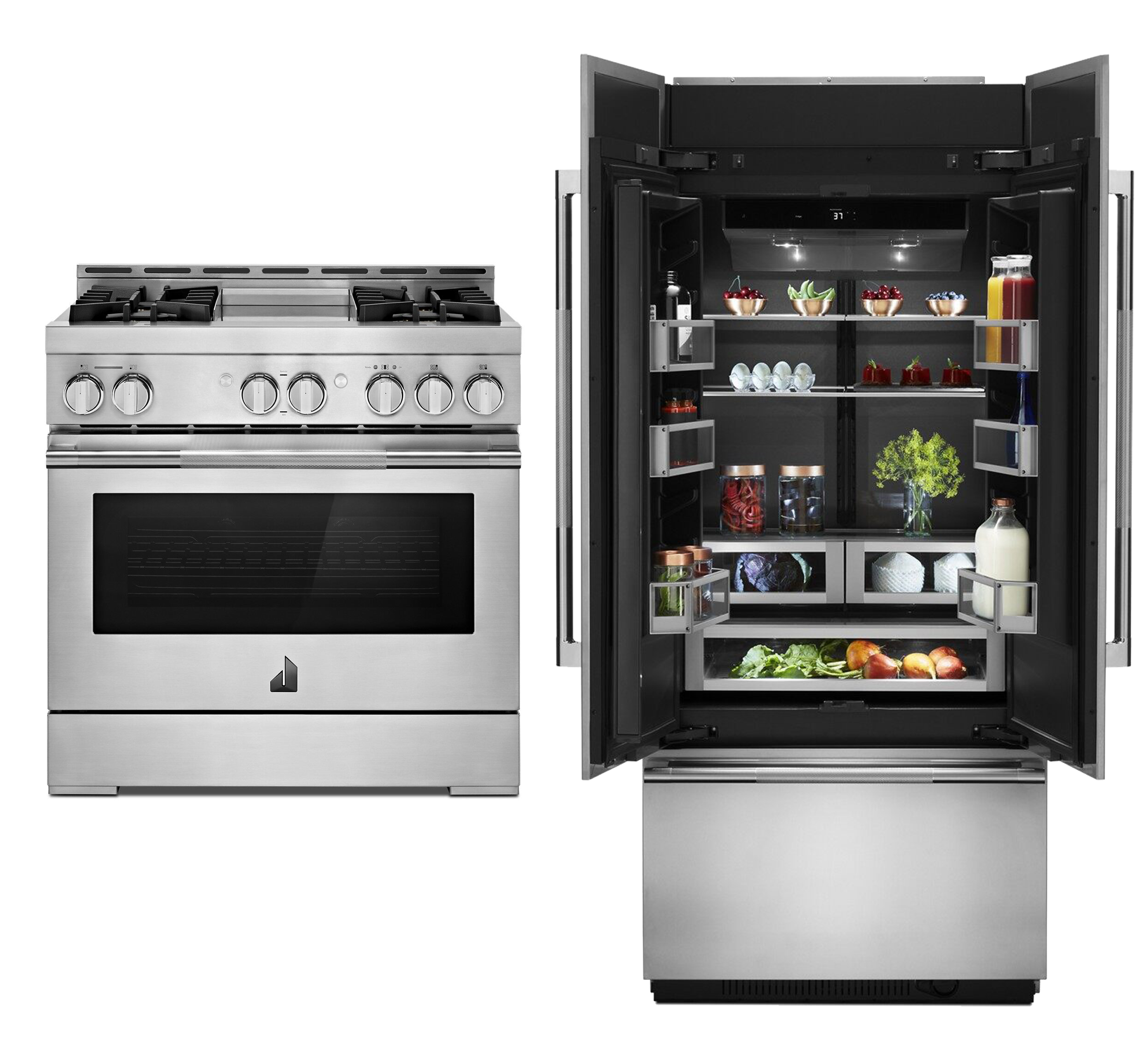 A JennAir® RISE™ Professional Range and a Built-In French Door Refrigerator.