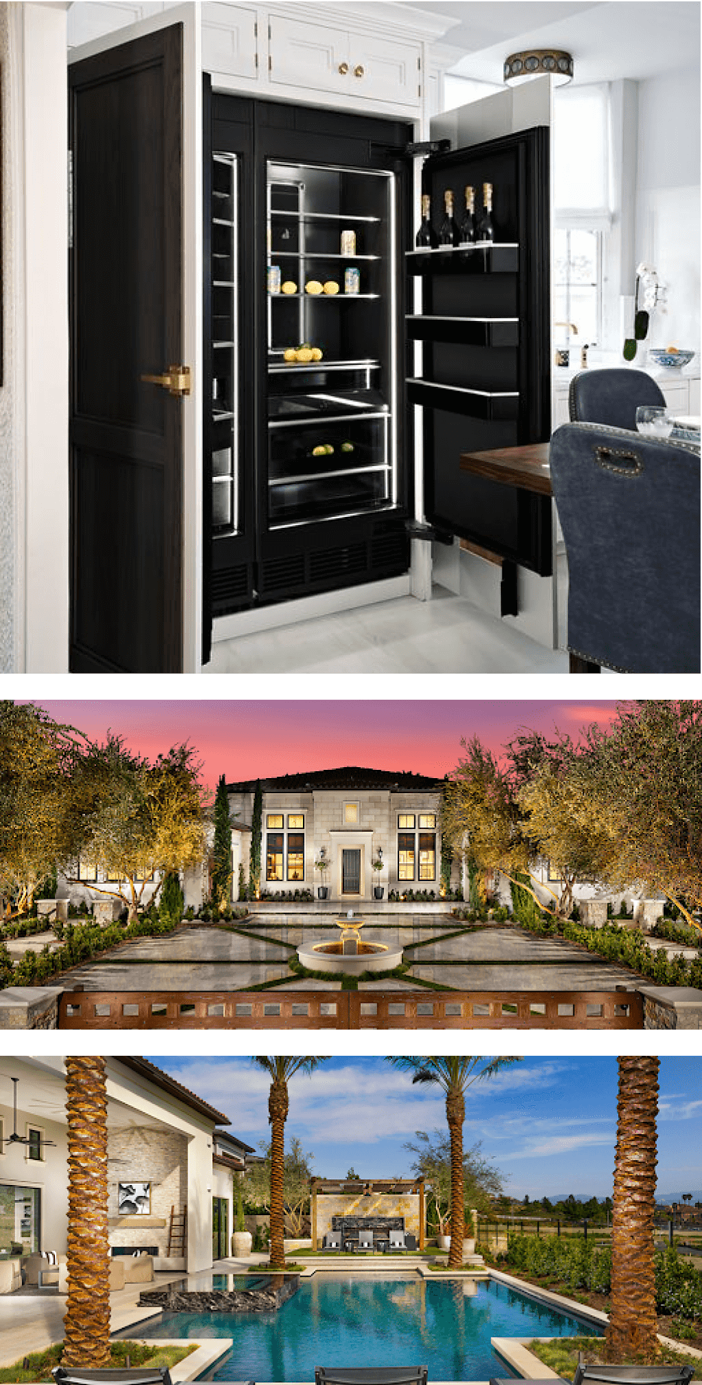 Photo of column refrigerators in a white kitchen, Photo of the residence's courtyard, Photo of a swimming pool at the community