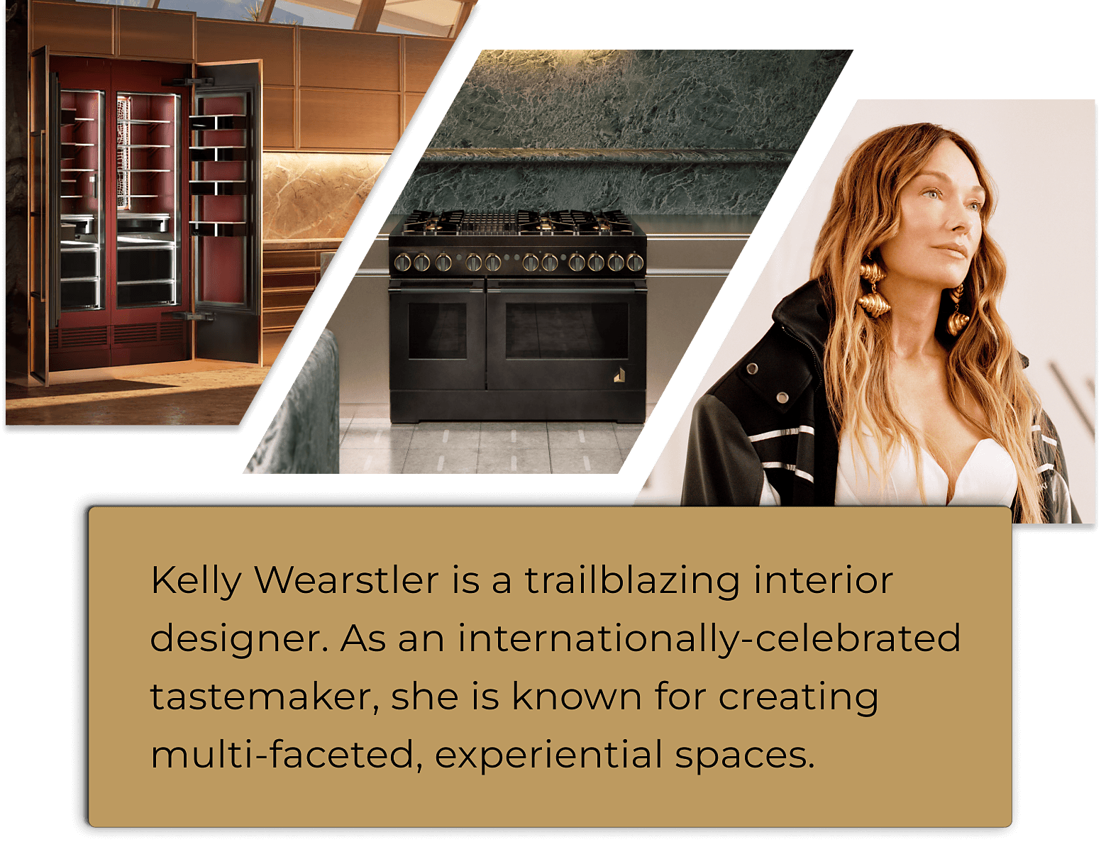 An image of Kelly Wearstler overlayed with one of the kitchen she designed