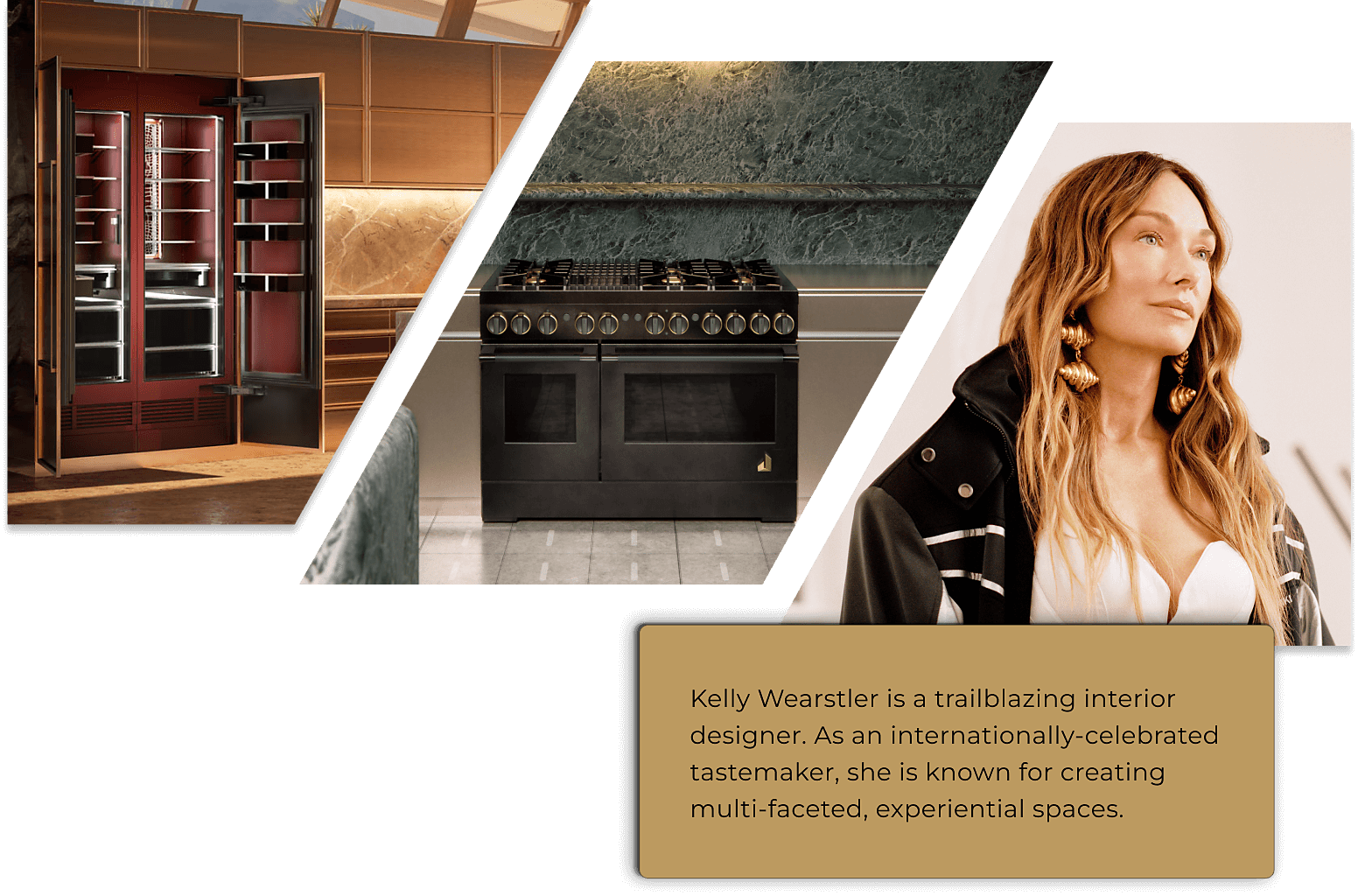 An image of Kelly Wearstler overlayed with two kitchens she designed for the limited-edition statement pieces. 