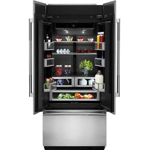 A fully stocked JennAir built-in refrigerator.