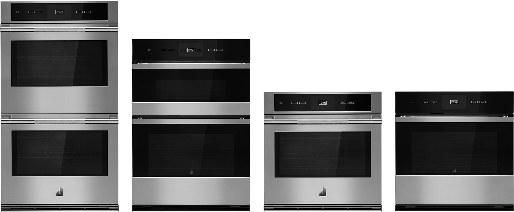 A collage of a JennAir Double Wall Oven, Combination Wall Oven, Single Wall Oven in the RISE™ Design Expression and a Single Wall Oven in the NOIR™ Design Expression. 