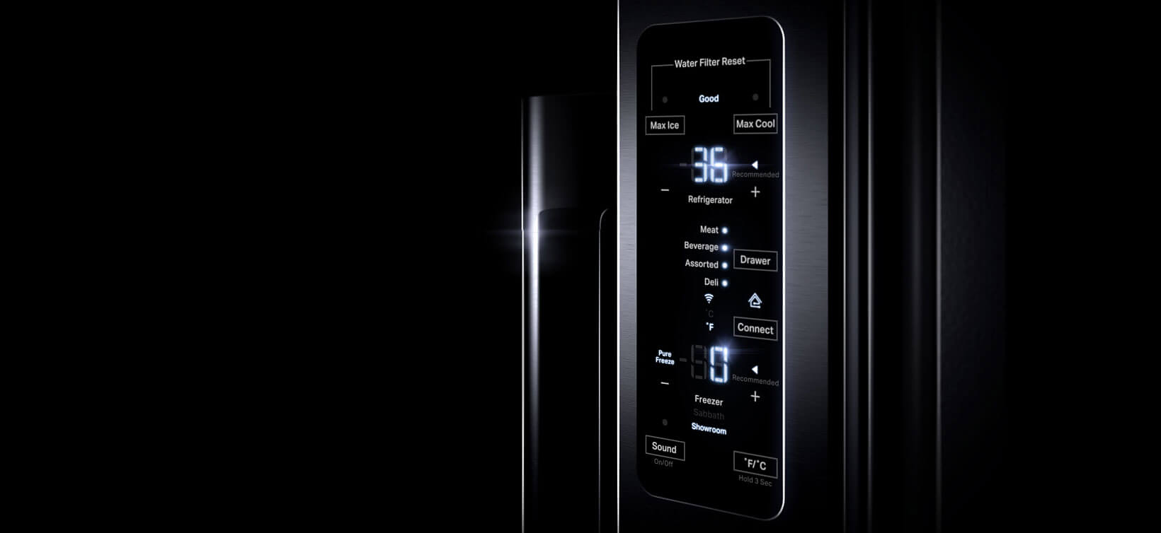 The control panel in a JennAir freestanding refrigerator. 