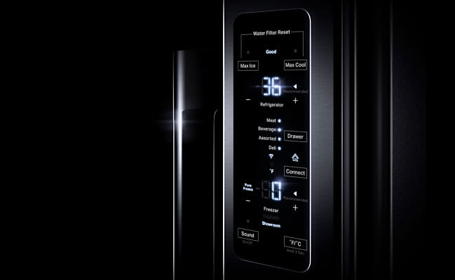 The control panel in a JennAir freestanding refrigerator. 