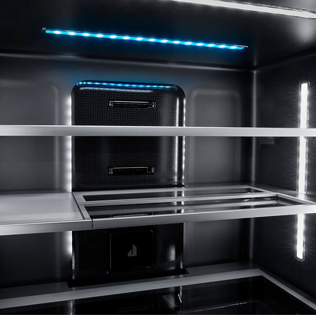  Lights illuminating the Daring Obsidian Interior in a JennAir refrigerator.
