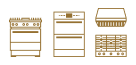 A series of three icons depicting a range, wall oven, and vent hood over a rangetop.