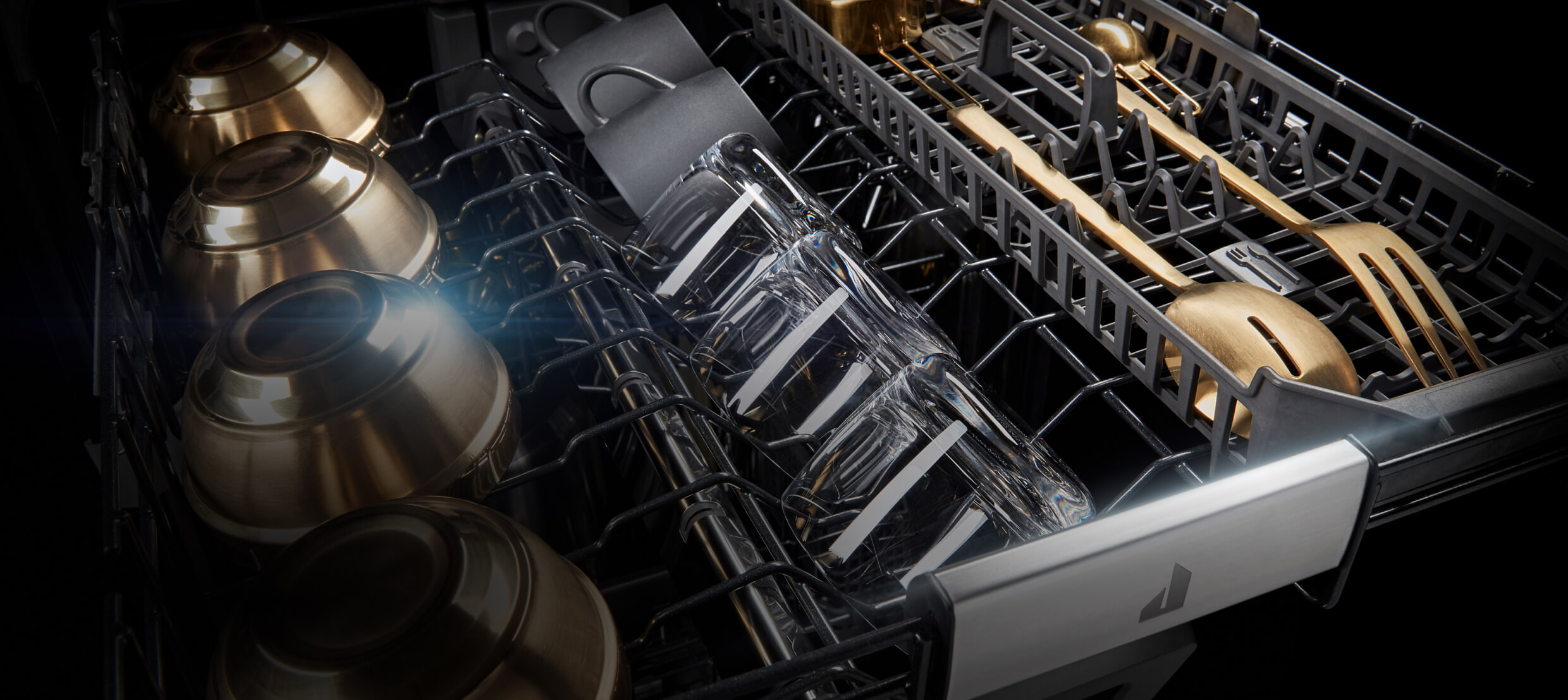 Dry, gleaming dishes in the 3rd rack of a dishwasher.