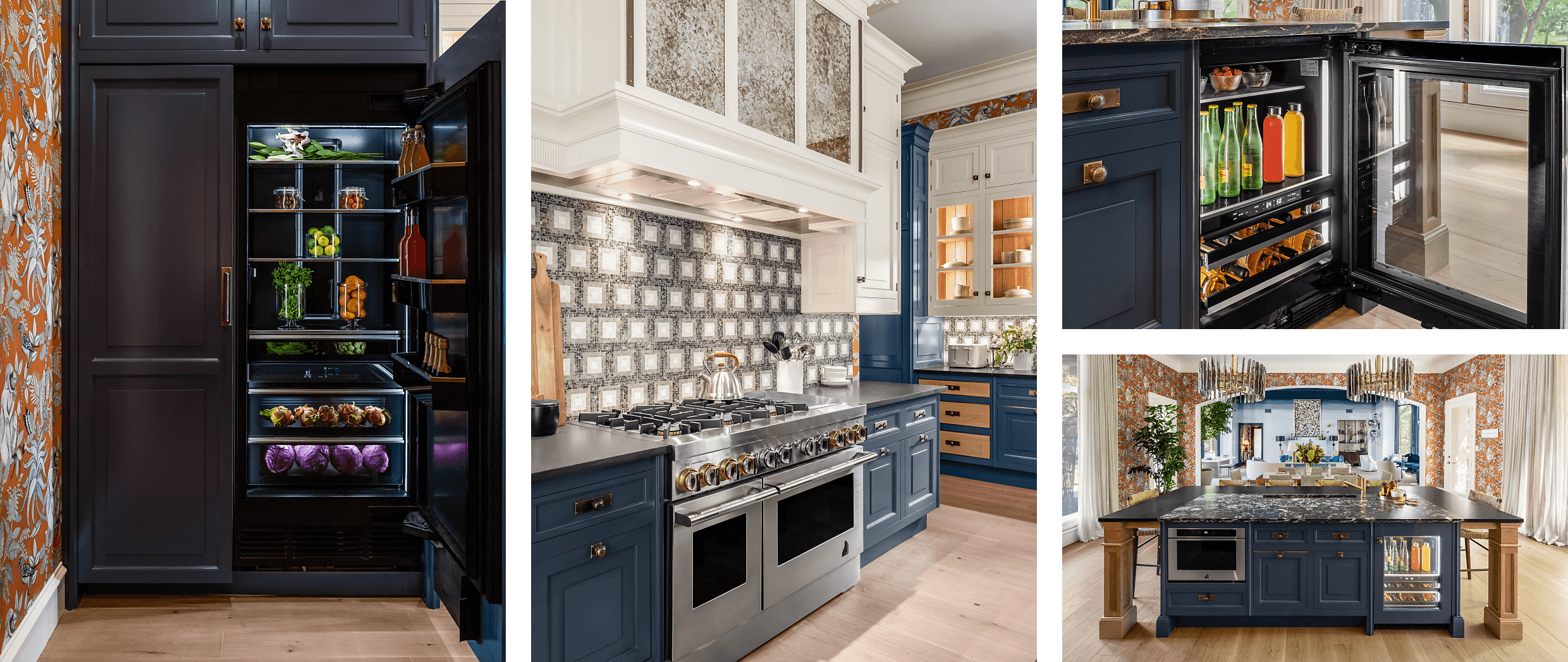 A collage of images including a pair of JennAir® Columns fitted with custom wooden panels; a JennAir® RISE™ Professional-Style Range in the kitchen; an open JennAir® Beverage Center; an overall view of the kitchen showing a microwave drawer and beverage center.