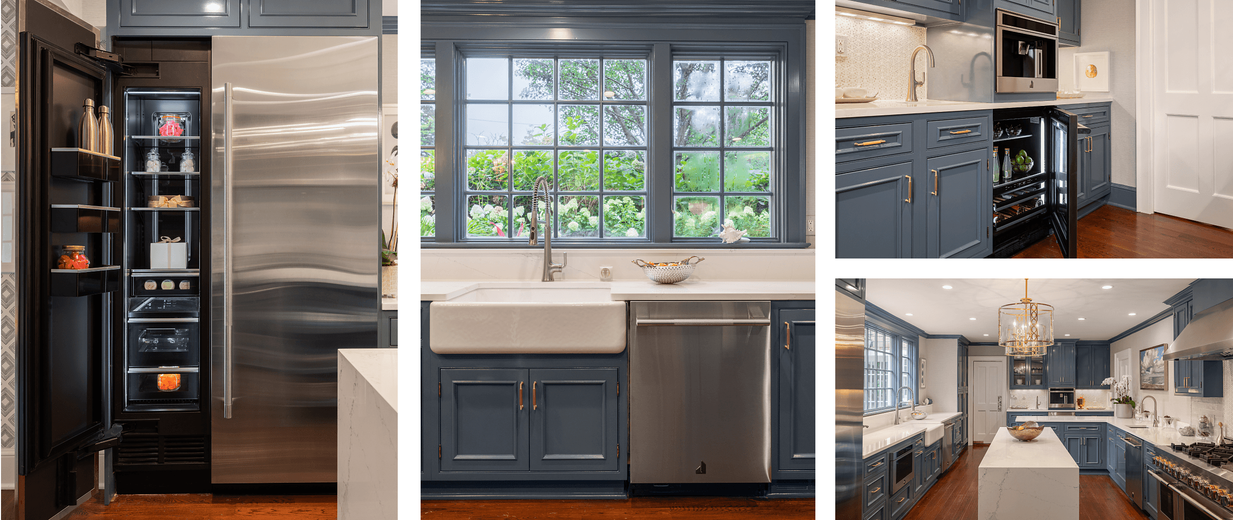 A collage of images including a JennAir® RISE™ Column Refrigerator and Freezer set; a JennAir® RISE™ Dishwasher next to a white farmhouse apron sink in a kitchen with blue cabinets; JennAir® RISE™ Built-In Coffee above an open JennAir® RISE™ Beverage Center; a white and blue kitchen with JennAir® appliances.