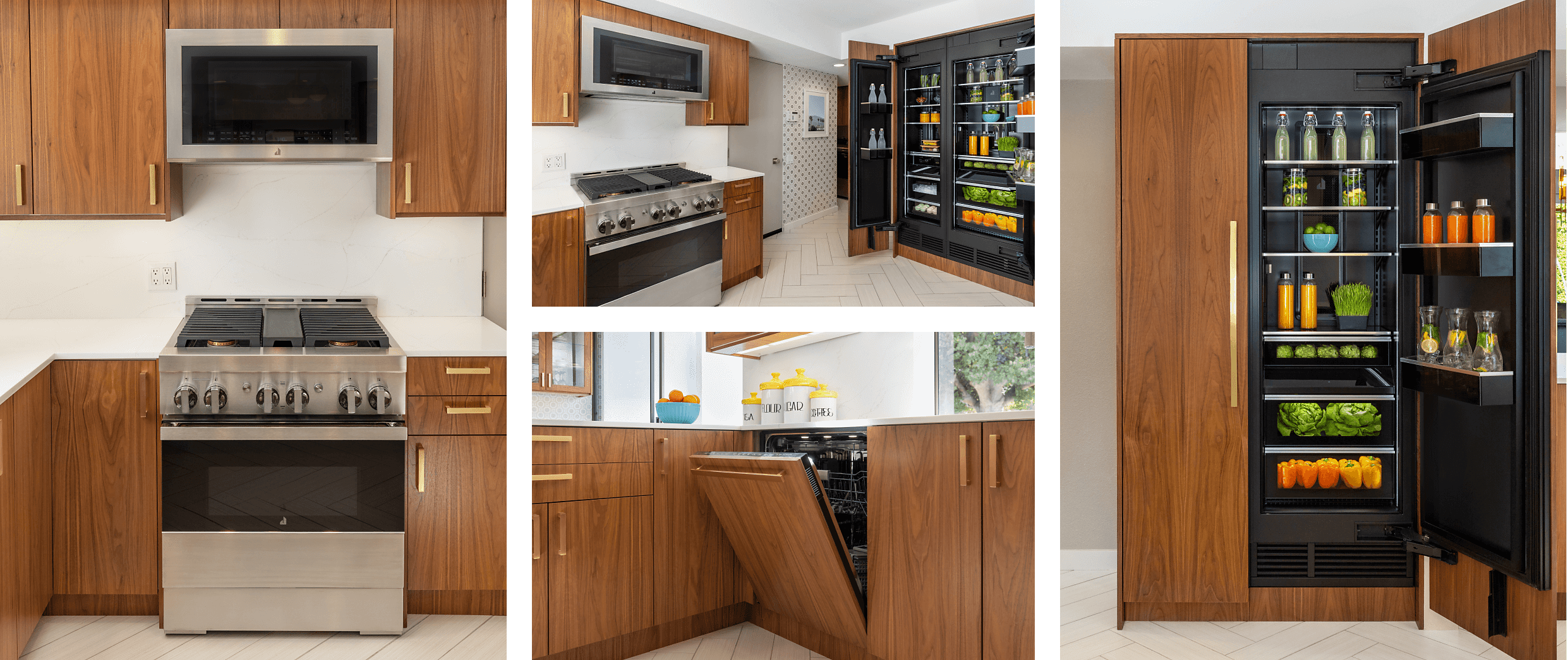 A collage of images including a straight-on view of a JennAir® NOIR™ Gas Range with a Microwave Hood Combination above it; another view of the kitchen, featuring a range, over-the-range hood and a pair of columns; a view of the kitchen focusing in on a panel-ready dishwasher; a pair of panel-ready columns with one open.