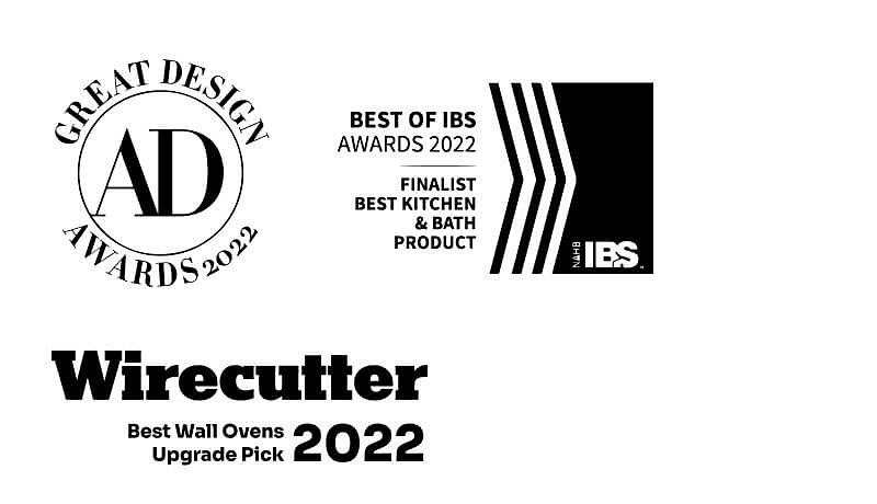 The Architectural Digest Great Design Awards Logo 2022, The Best of IBS Awards 2022 Logo and The Wirecutter Best Wall Ovens Upgrade Pick 2022 Logo.