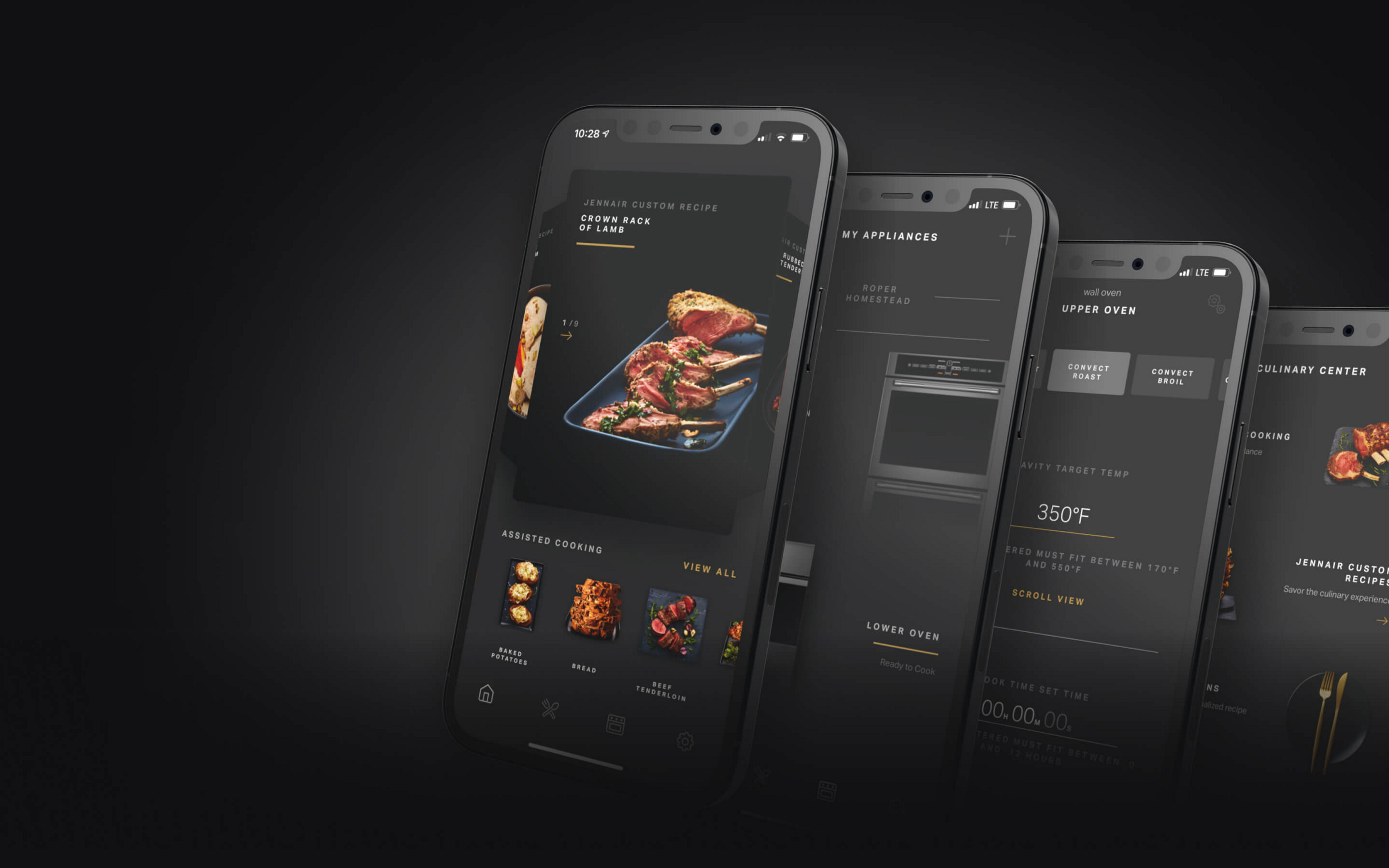 A series of phones showing parts of the JennAir® Culinary Center via the companion app.