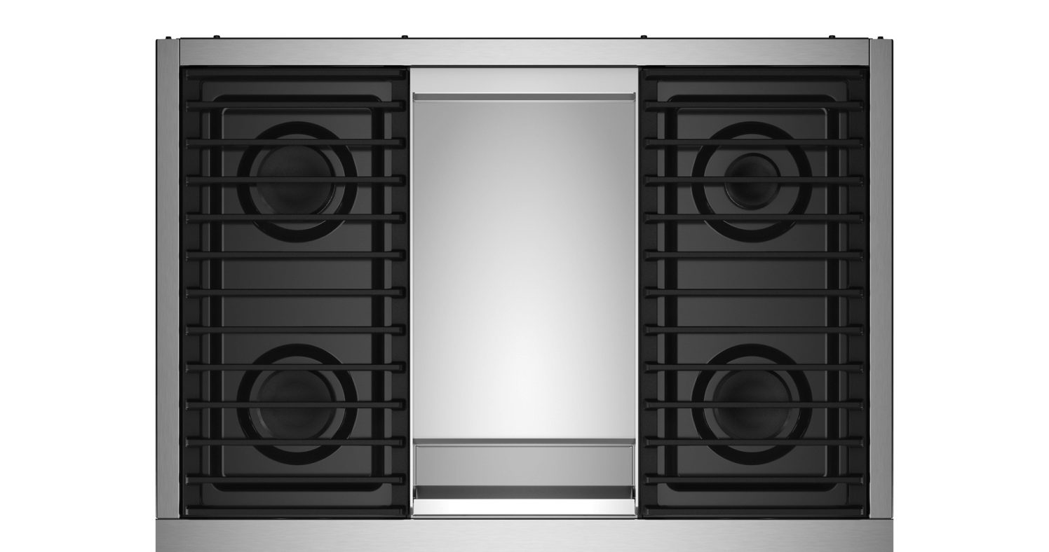 A top-down view of a range with a Chrome-Infused Griddle.