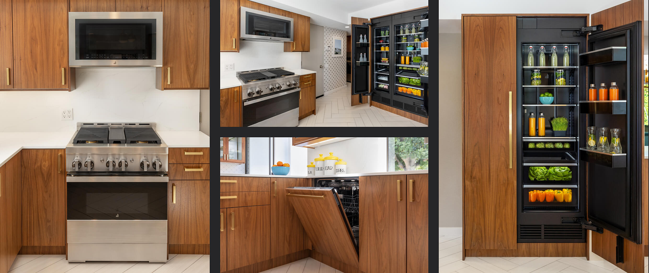 A collage of images including a straight-on view of a JennAir® NOIR™ Gas Range with a Microwave Hood Combination above it; another view of the kitchen featuring a range, over-the-range hood and a pair of columns; a view of the kitchen focusing in on a panel-ready dishwasher; a pair of panel-ready columns with one open.