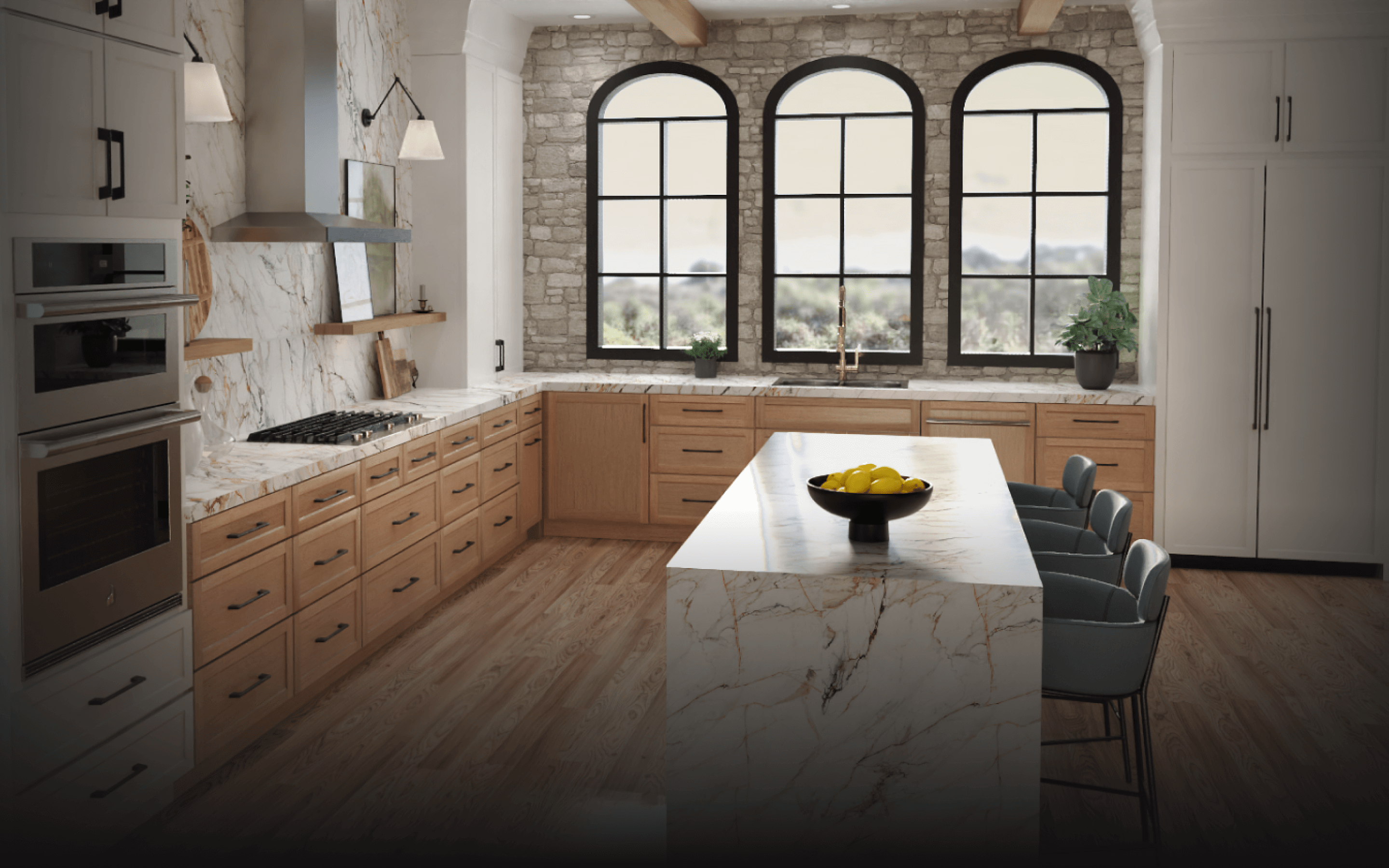 A contemporary kitchen with JennAir® appliances.