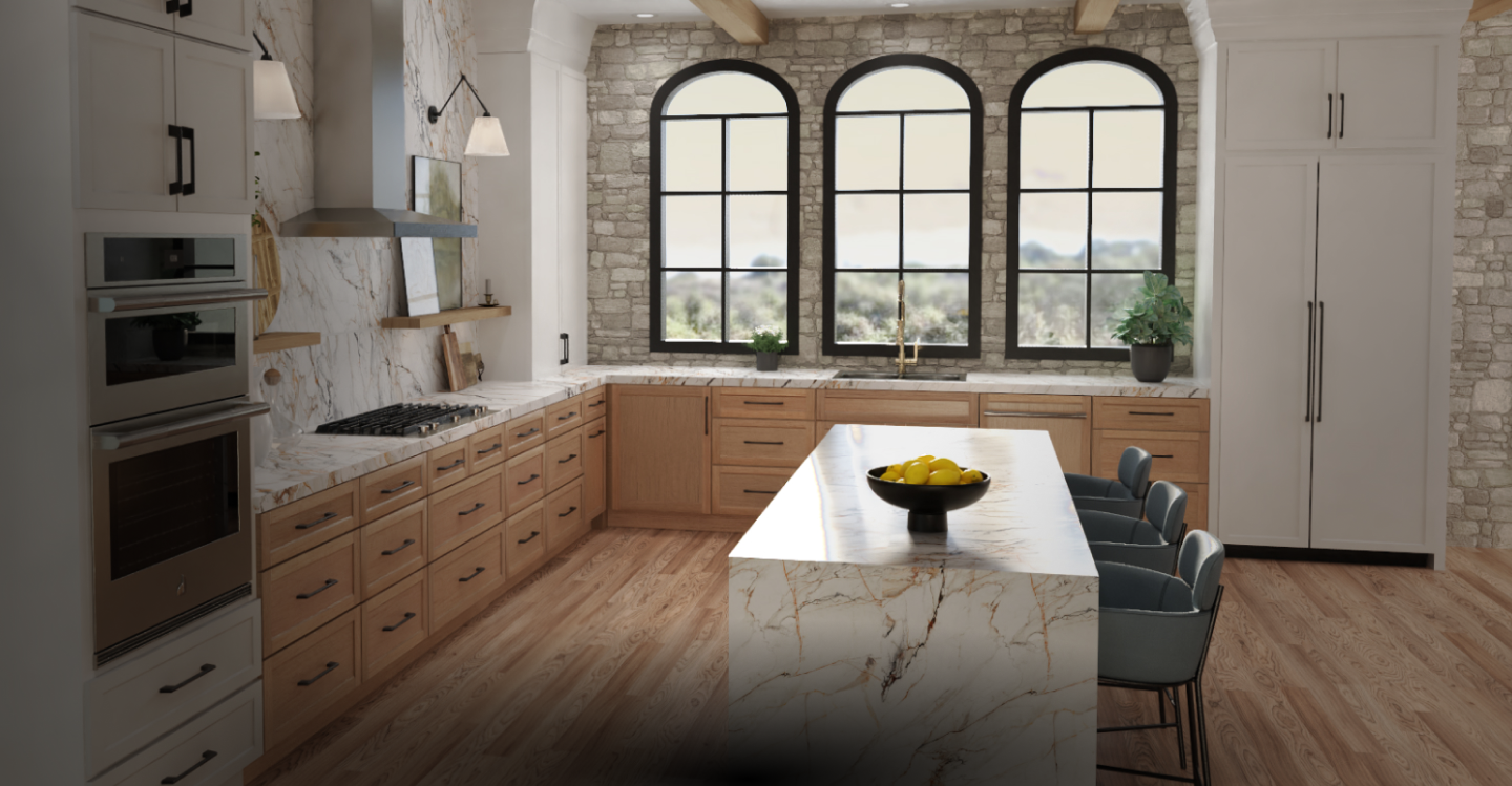 A beautiful modern kitchen featuring JennAir® appliances, including a built-in refrigerator.