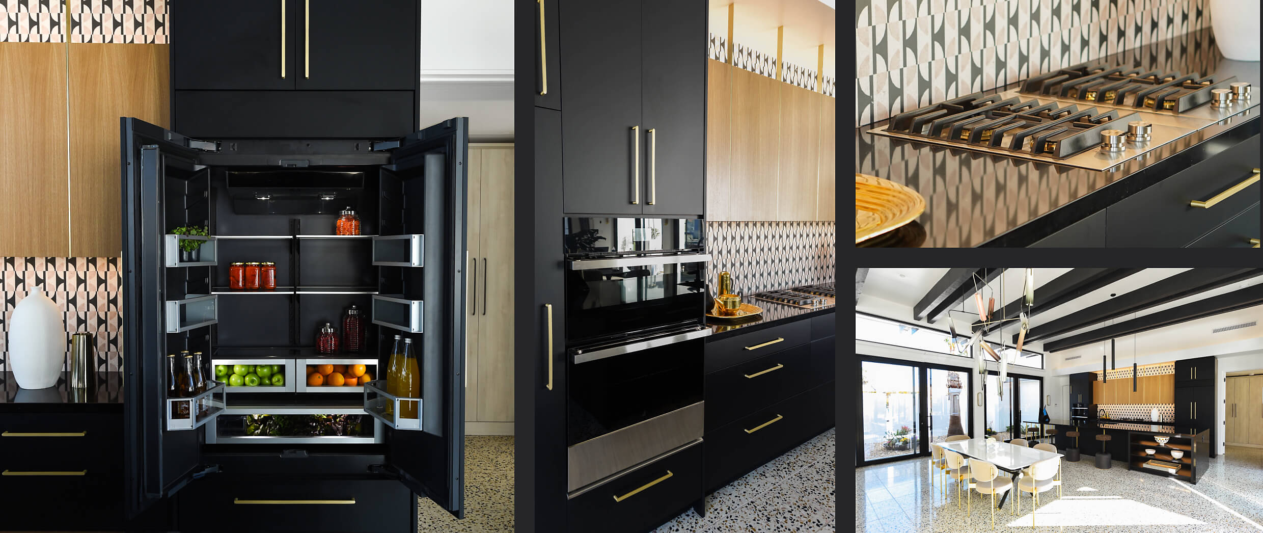A collage of images including an open JennAir® French door built-in refrigerator fitted with black panels to match the surrounding cabinetry; a NOIR™ combination microwave wall oven installed in a bank of cabinets; a pair of 2-burner gas custom cooktops with a 4-inch downdraft strip installed in the center; a view of the entire kitchen and dining room from a distance.