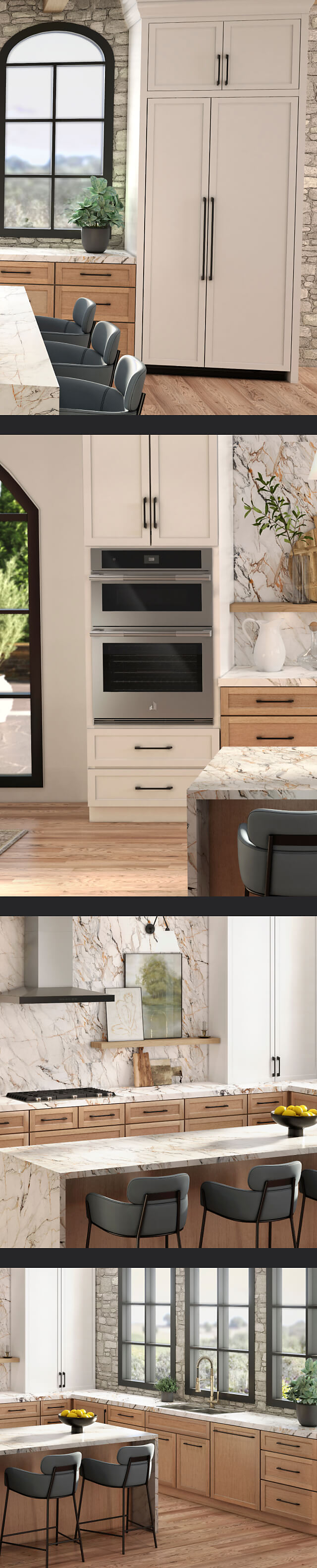 A collage of images including a JennAir® side-by-side built-in refrigerator fitted with white custom panels to match cabinetry; a 30-inch microwave combination wall oven installed in a white kitchen; A cooktop and vent hood installed in a white kitchen; a panel-ready dishwasher installed with a custom panel to match the wooden cabinetry.