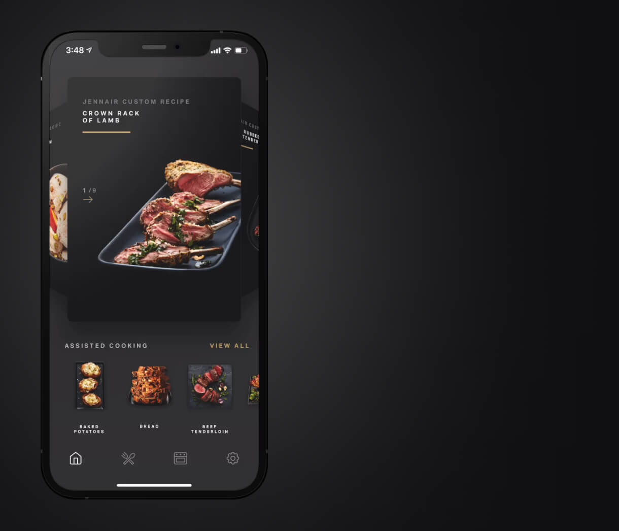 A smartphone showing a Crown Rack of Lamb recipe card in the Culinary Center. 
