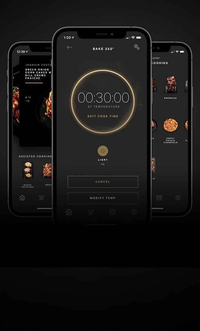 Smartphones showing different capabilities of the Culinary Center app.