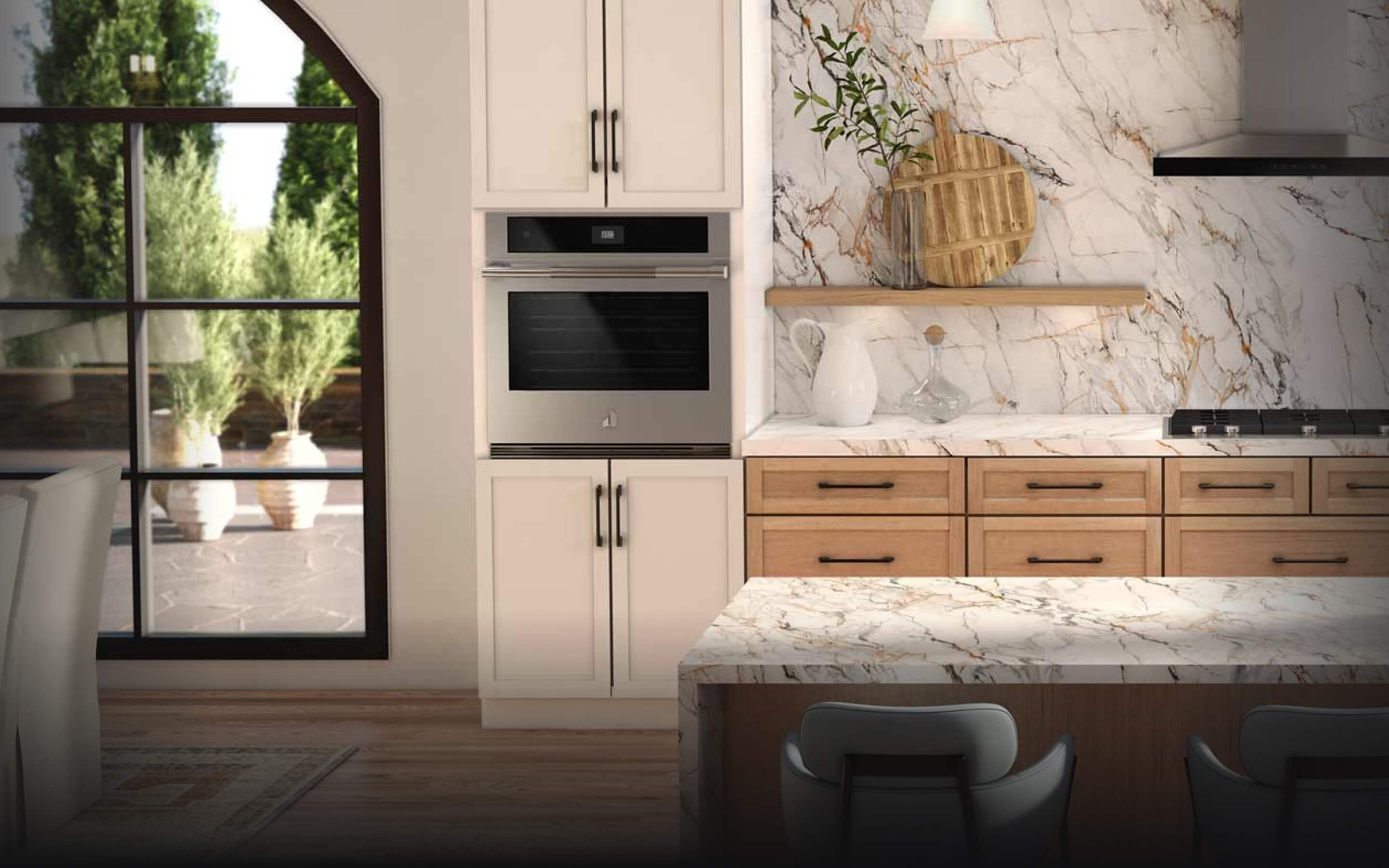 A contemporary kitchen with JennAir® appliances.