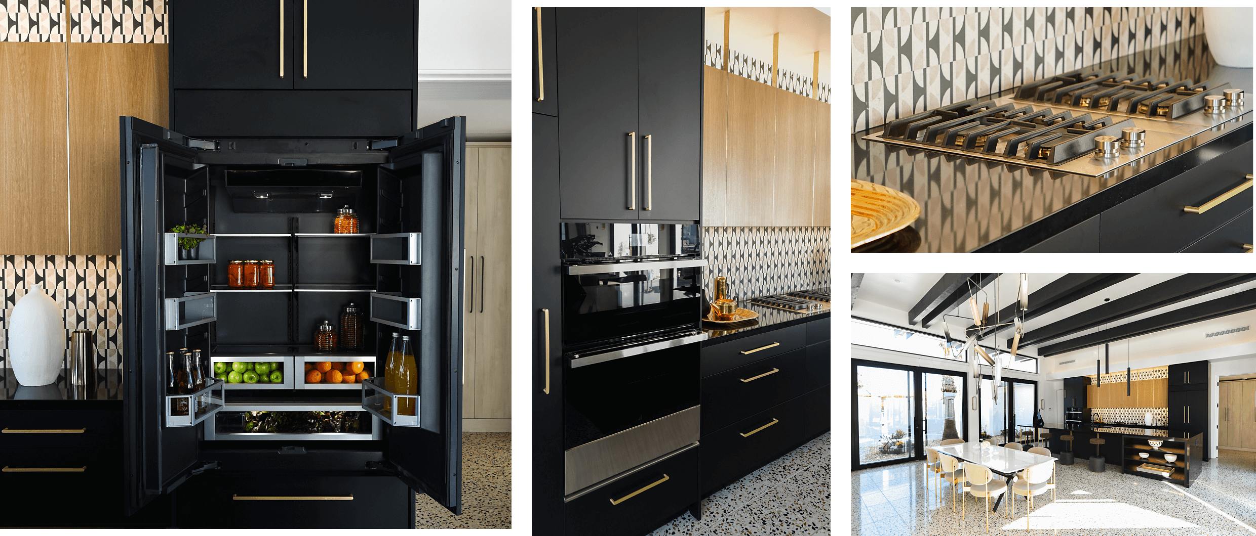 A collage of images including an open, stocked built-in bottom-freezer refrigerator in a modern kitchen with black cabinets; a JennAir® NOIR™ Microwave Combination Wall Oven in a modern kitchen with black cabinets; a gas cooktop in a modern kitchen with black cabinets; expansive view of a modern kitchen with black and white accents.