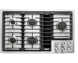 A JennAir® 36-inch gas downdraft with right front knob control cooktop pair.