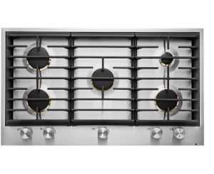 A JennAir® 36-inch gas with front knob control cooktop. 