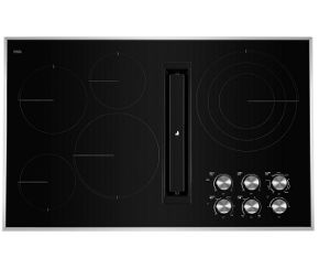 A JennAir® 36-inch radiant downdraft with right front knob control cooktop pair.