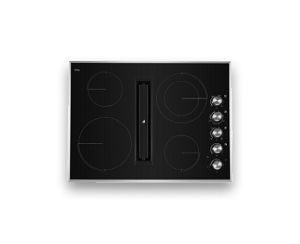 A JennAir® 4 element with knobs radiant downdraft cooktop. 