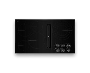 A JennAir® 5 element with knobs radiant downdraft cooktop. 