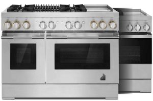 Two 48" professional-style ranges with 4 burners, griddle and grill on the cooktop. 