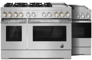 Two 48" professional-style ranges with 6 burners and a griddle on the cooktop. 
