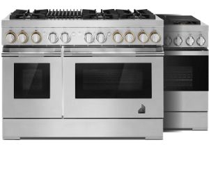 Two 48" professional-style ranges with 6 burners and a grill on the cooktop. 
