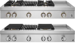 Two JennAir® rangetops with a griddle and grill. 