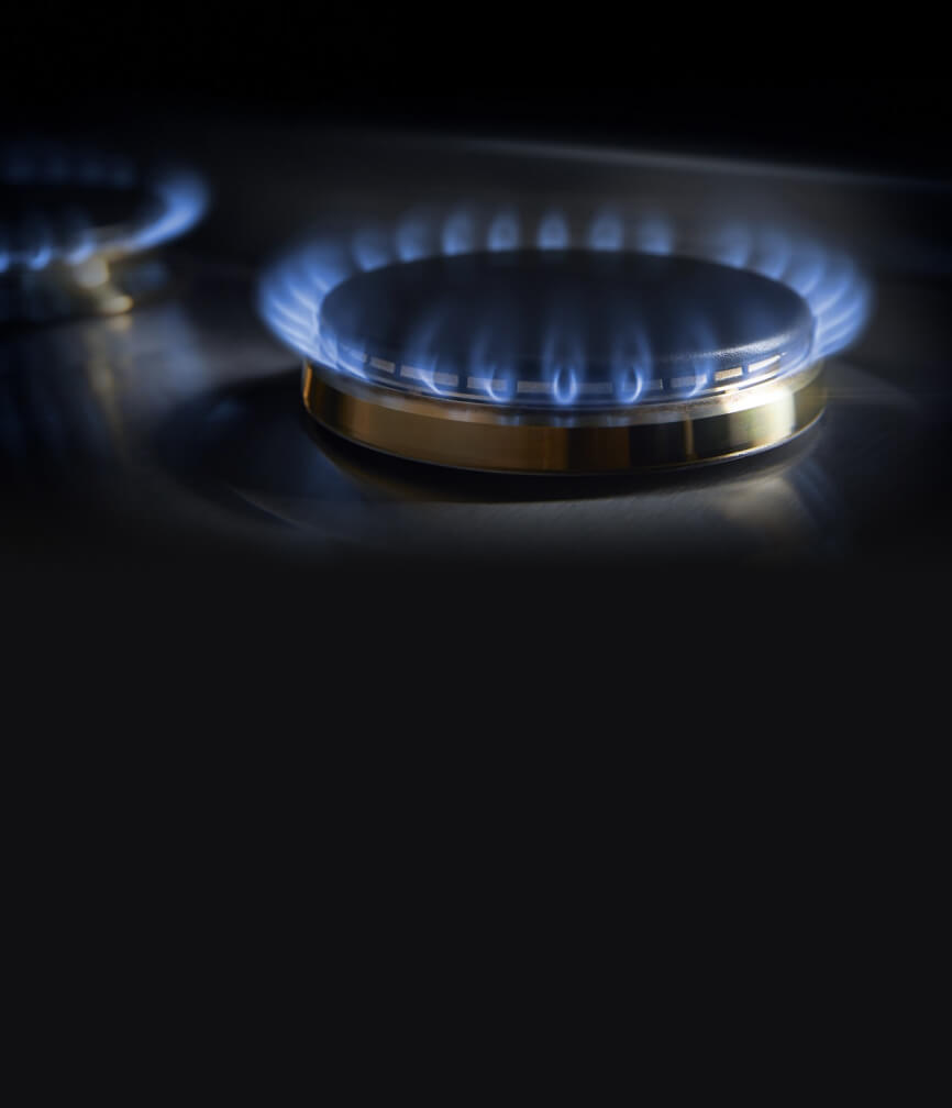 The lit burners on the 2-burner gas custom cooktop.