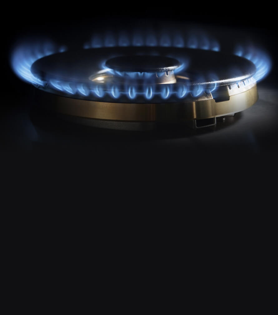 A close-up on the lit brass burner.