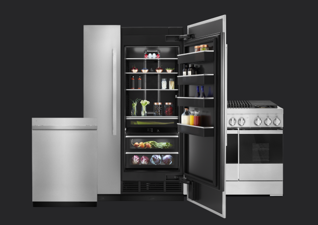 A JennAir® dishwasher, range and column refrigeration pair in the NOIR™ design style.