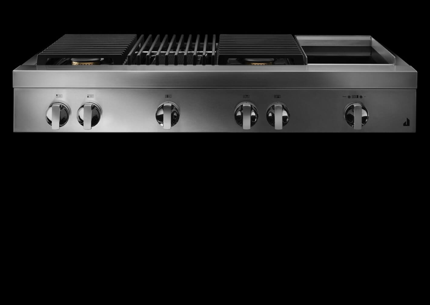 A NOIR™ Design gas rangetop with a grill and griddle.